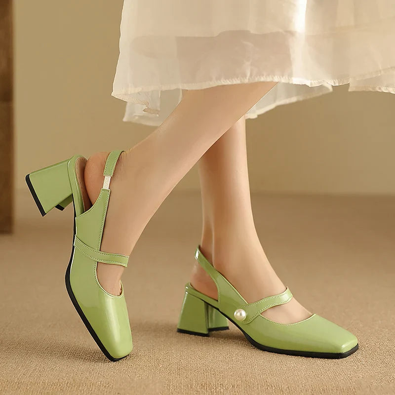Slingback Sandals Square Toe Patent Leather Block High Heeled Mary Jane Shoes Gold Silver