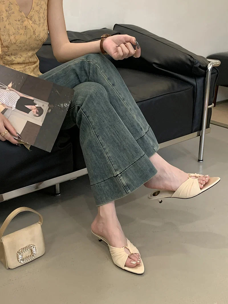 Pleated Silk Hollow Out Metal Buckle Slippers Sandal Pointed Toe Low Thin Heels Beach Party