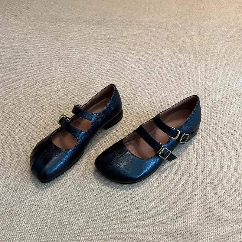 Double Buckle Strap Tabis Shoes Solid Leather Mary Janes Low Heeled Flats Woman Trotters Loafers Barefoot Walking Shoes