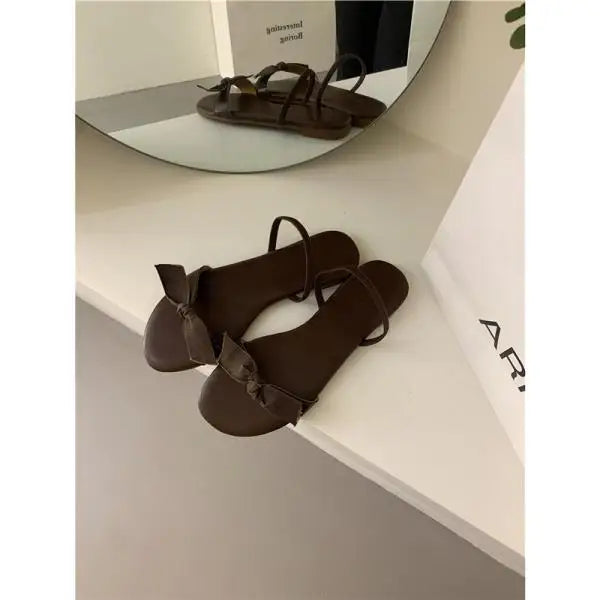 Flat Shoes Low Woman's Slippers Slides Butterfly-Knot Rome Butterfly-knot Rubber Retro Scandals PU H
