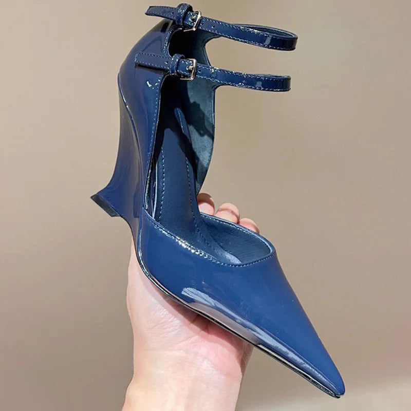 Buckle Strap Patent Leather Wedges Sandals Pointed Toe High Heels Woman sandalias de las mujeres