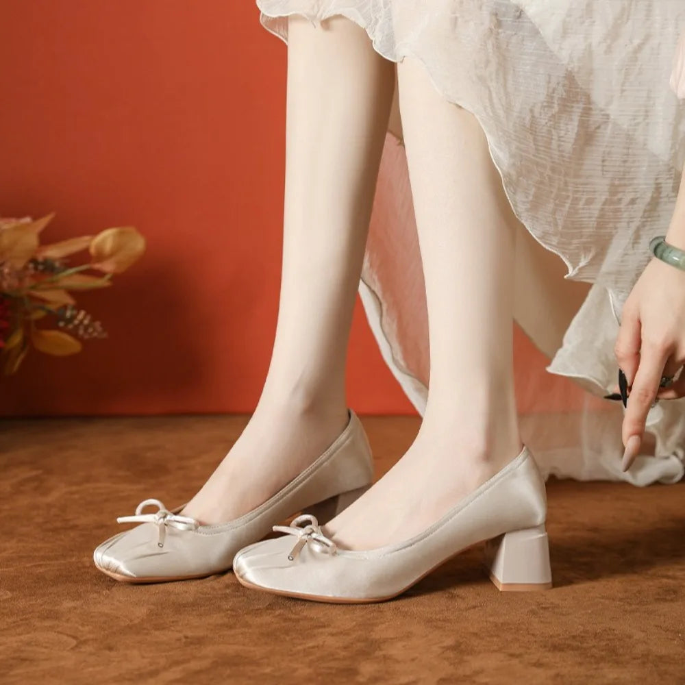 Pumps Butterfly Satin Ballet Shoes Square Head Shallow Mouth Pumps High Heels Thick Heel Not Tired Feet