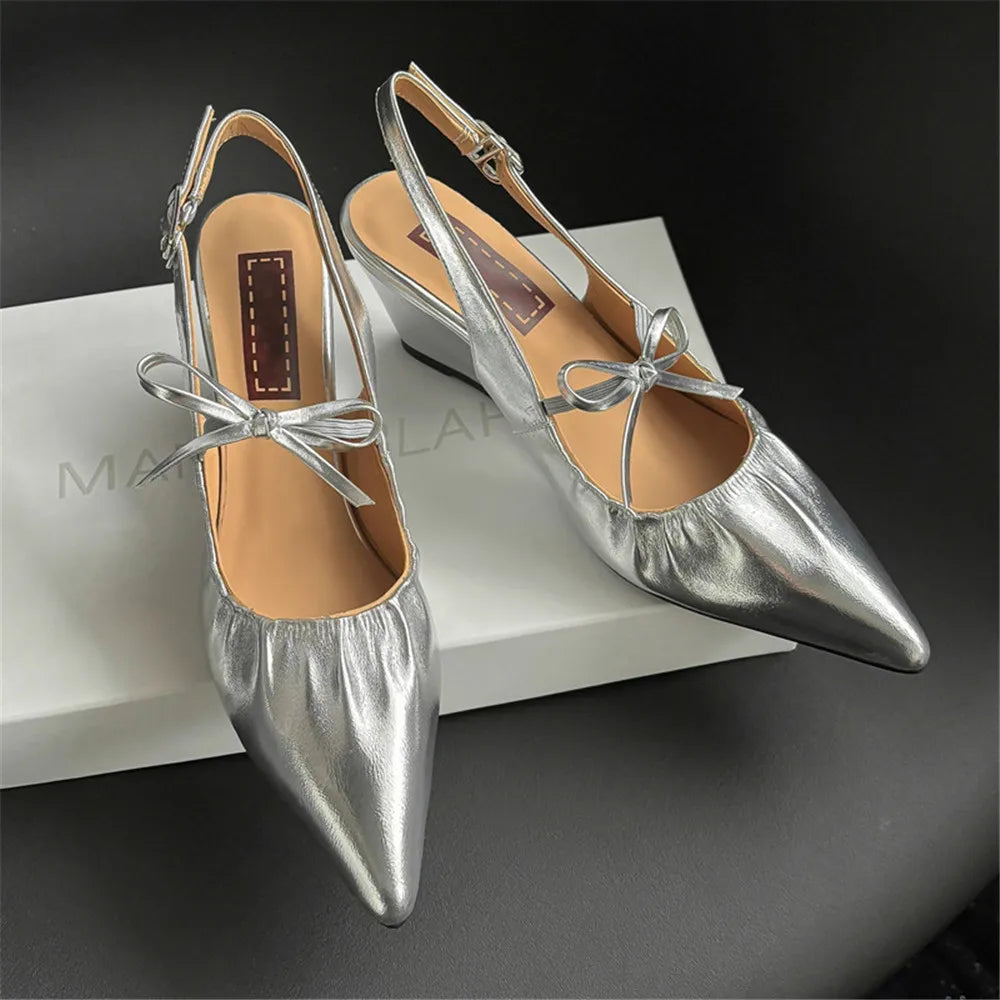 Genuine Leather Slingbacks Pumps Pointed Toe Silver Black Wedges Heels Shoes Woman Pumps
