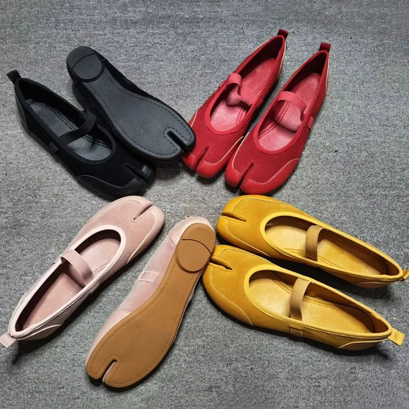 Split toe Faux suede Patchwork Tabi Ballet Flats Mary Janes Walking Loafers Casual Girls Dance Shoes