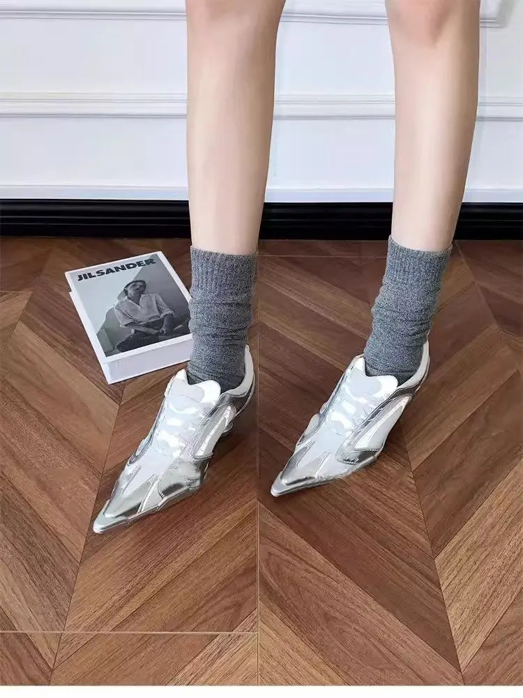 Low Heels Pointed Toe Shoes Lace Up Sports Style High Heels Colorblock Versatile Breathable Mesh Strappy Pumps