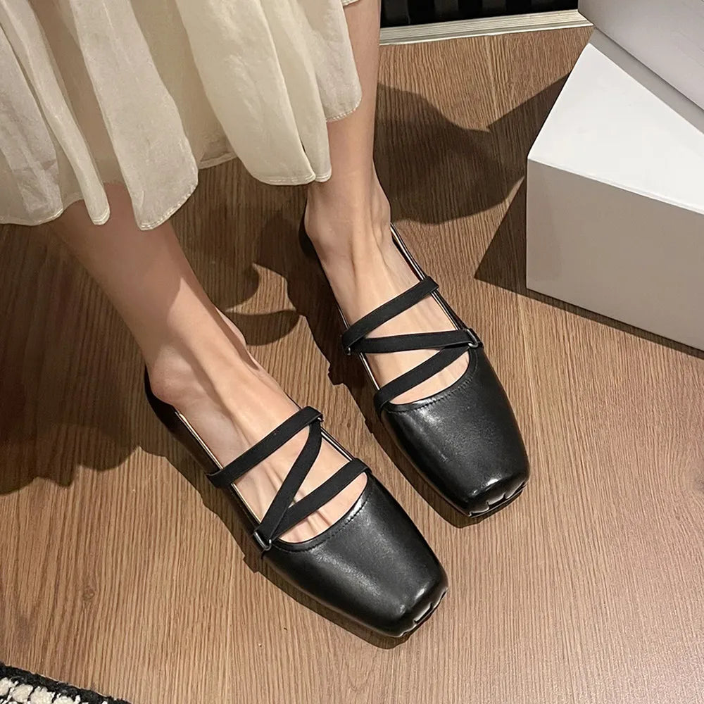 Womenn's genuine leather square toe elastic band slip-on ballet flats cross strap slim soft comfortable ballerians shoes