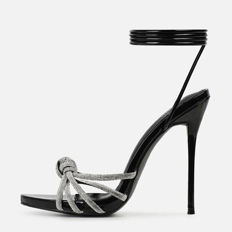 Black High Heels Sandals Peep Toe Crystal Narrow Band Stiletto Pumps Ankle Lace Up Party
