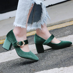 Velvet Mary Jane Shoes Pearls Buckle High-heeled Velour Green Burgundy Pumps Office Banquet Party 33-43