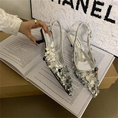 Low Sandals Woman Leather Shoes Closed Toe Bling Bling Suit Beige Heels Low-heeled Silver Retro Bright Black Girls
