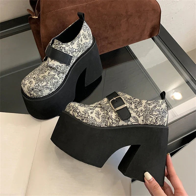 Chunky Platform Buckle Strap Street Style Round Toe Very Square High Heels Stripper Club