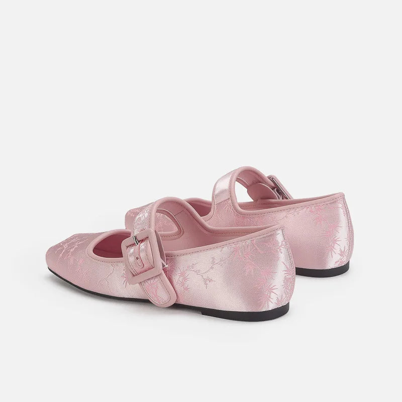 Silk Embroidery Ballerinas Woman Pig Toe Flats Shoes Belt Buckle Silky Mary Janes Wedding Brides Ballets Loafers