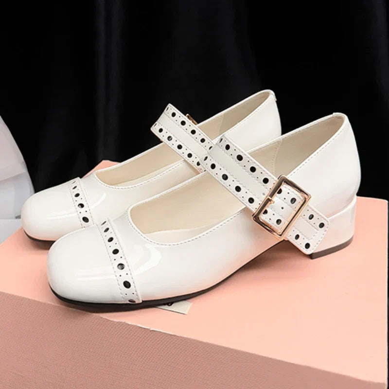 Sweet Patent Leather Buckle Strap Mary Jane Shoes Round Toe Dress Pumps Shoes Brand High Heels