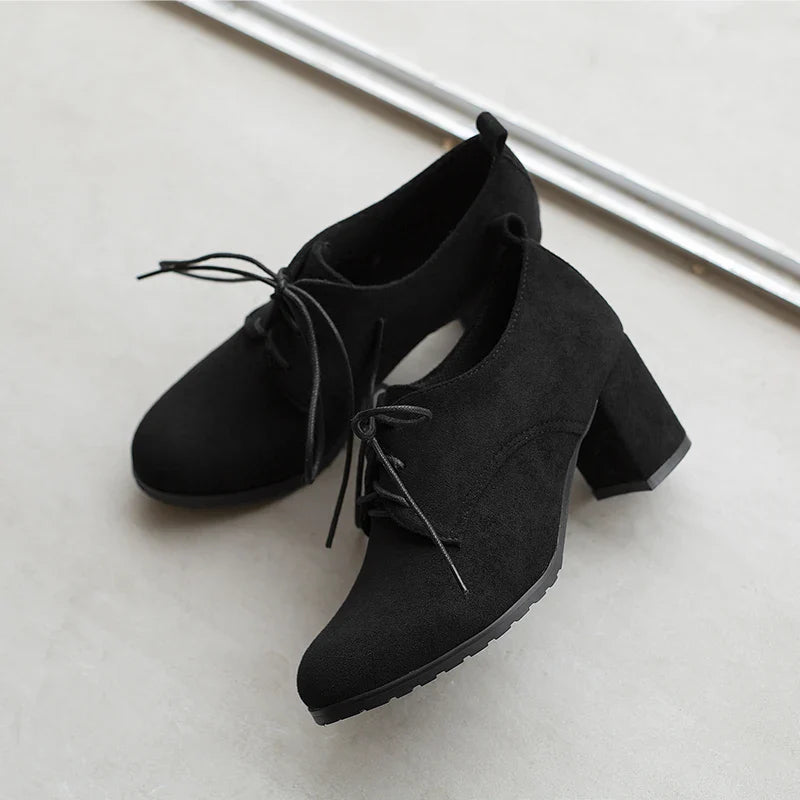 Retro Pumps Classics Flock Lace Up Office Round Toe Block High Heel Shoes Size 33-43 Black Brown