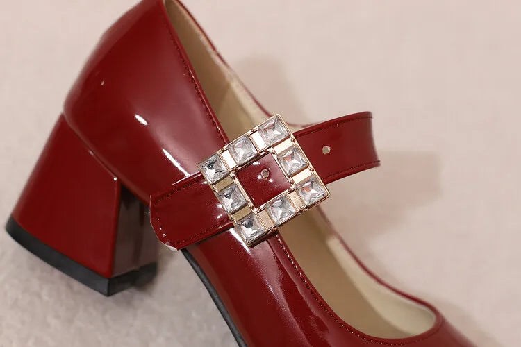 Plus Size 48 Patent Leather Mary Jane Shoes Sparkly Crystal Rhinestone Burgundy White Block Heel Pumps Party Shoe