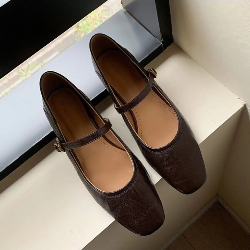 Small Leather Shoes Low-heeled Buckle Pumpss Square Head Two Wear Mary Jane Shoes