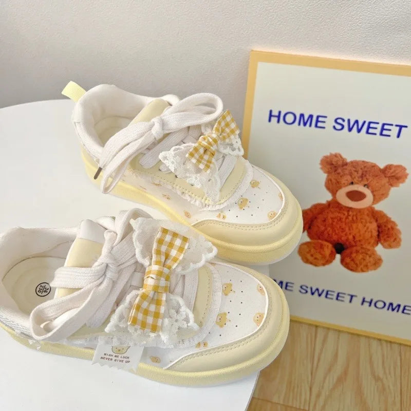 Students Sneakers Cute Causal Shoes School Patchwork Non-slip Sports Shoes with Bowknot