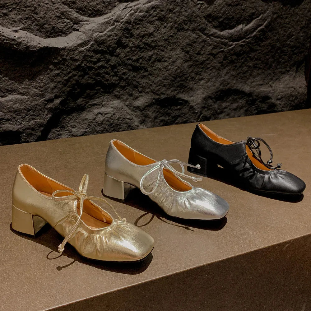 Mature Lace-Up Thick Heels Shoes Woman Office Lady Working Genuine Leather Pumps 2024