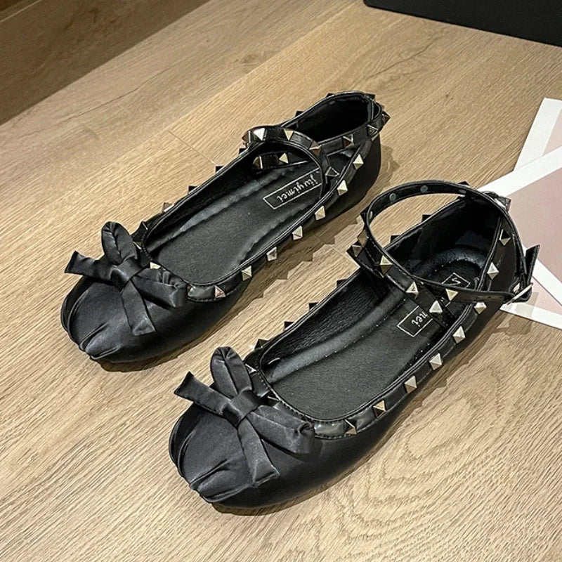 Shoes Rivets Causal Ballet Flats Bowknot Versatile Flat Shoes Ankle-strap
