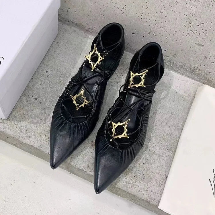 Cross Straps Sandals Pointed Toe Gold Star Detail Mixed Color Low Block Heels Ankle Lace Up Rubber