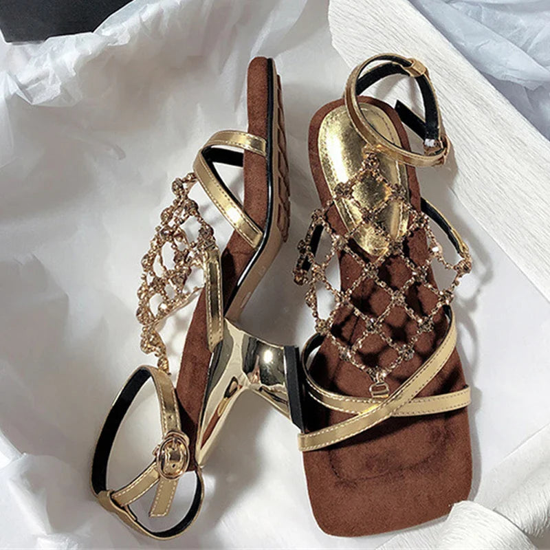 Roma Style Hollow Out Crystal Mesh Cozy Square Open Toe Strange Low Heels Shoes Gladiator Sandalias
