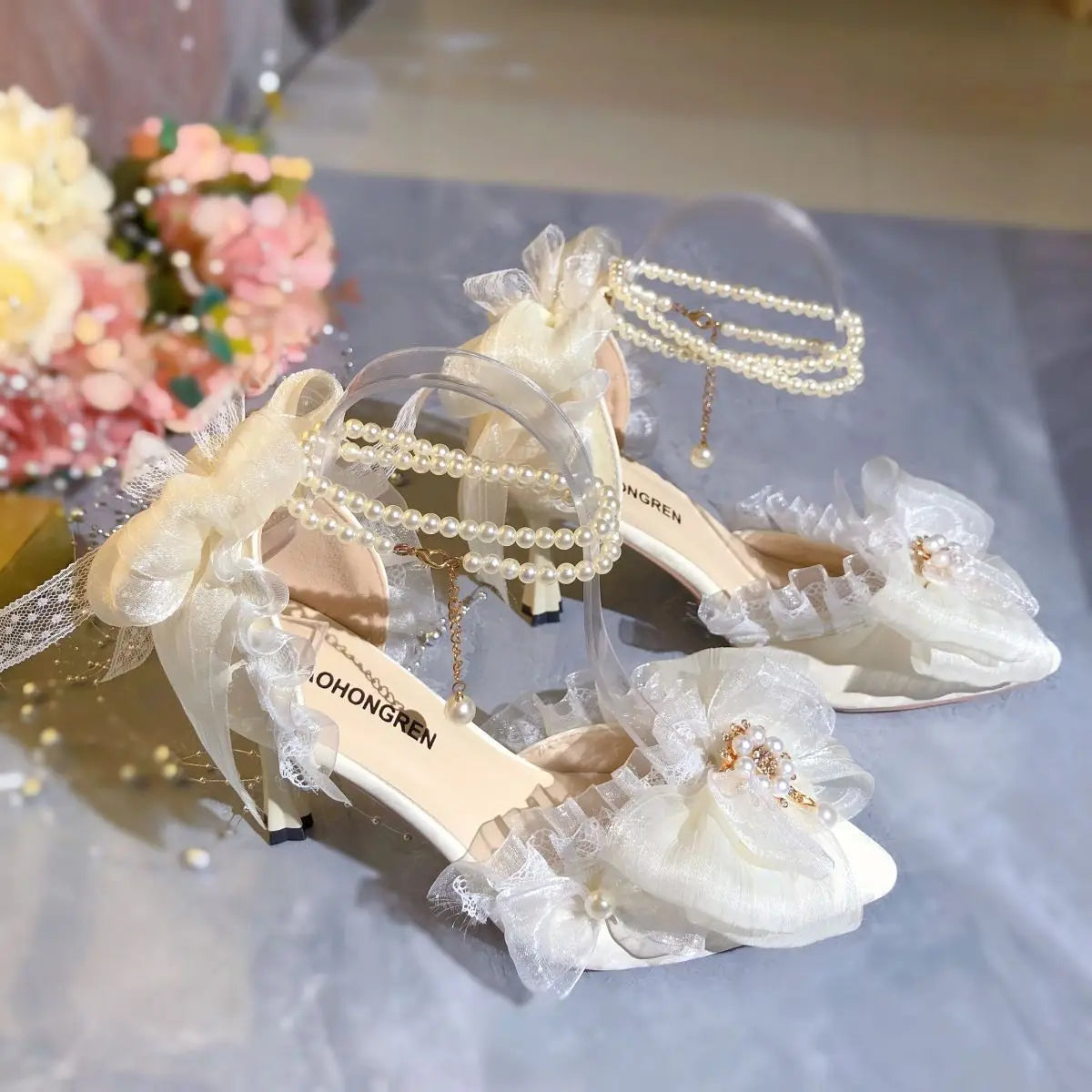 Elegants White Lolita Mary Jane Shoes Woman Pearl Lolita Sandals Sling Back Heels