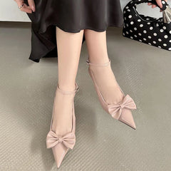 Bowknot Pointed Toe Ankle Strap High Heeled Shoes Brand Thin High Heel Backless Sweet Pumps