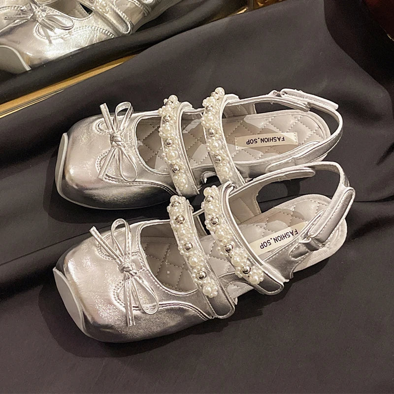Pearl Bow Mary Jane Leather Shoes Flats Sandals Square Toe Slippers Lolita Mujer Zapatillas