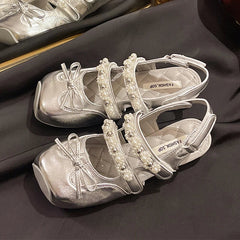 Pearl Bow Mary Jane Leather Shoes Flats Sandals Square Toe Slippers Lolita Mujer Zapatillas