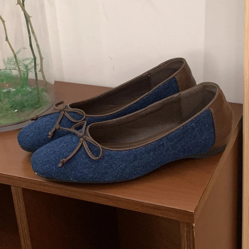 Polka Dot Butterfly-Knot Ballet Flats Round Toe Shallow Comfort Casual Satin Elegant Footwear