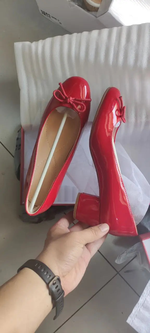 Round Toe Burgundy Cherry Red Ballet Shoes High Low Heel Bow Pumps Low Top Flat Patent Leather Small Red Shoes