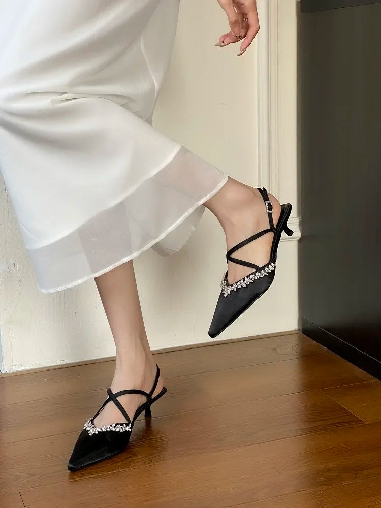 CRYSTAL Pointed Toe Narrow Band Woman Pumps Sandals Elegant Thin Low Heels Slingbacks Buckle Strap