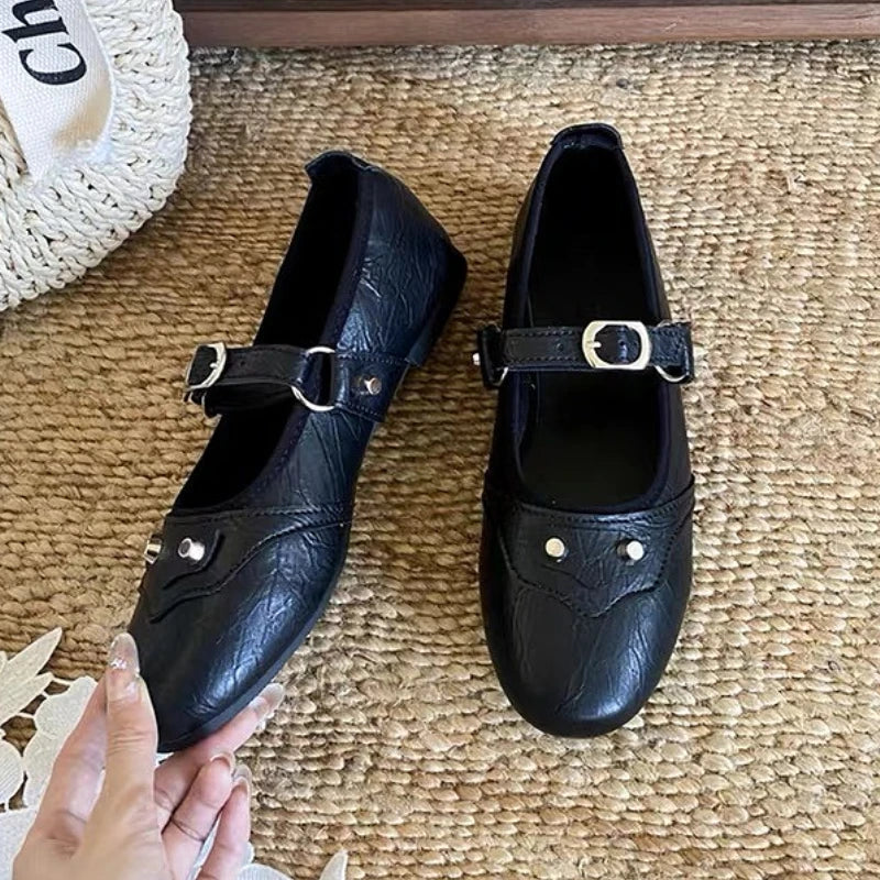 Rivet Decoration Mary Jane Shoes Retro Square Toe Comfort Soft Sole Ballet Flats Belt Buckle Shallow Shoe