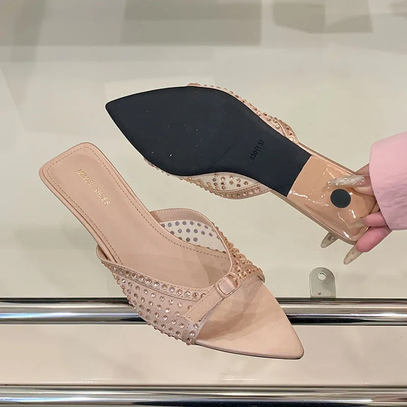 Pointed Toe Footwear Heeled Slippers Slides Shoes Rhinestones Low Heel Sandals Shoes