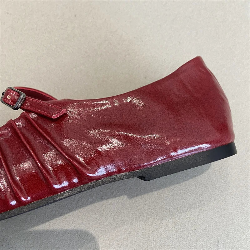 Pleated Mary Janes Flats Shoes Square Toe Pu Leather Comfortable Elegant Red Shoes Shallow Black Ballet Flats