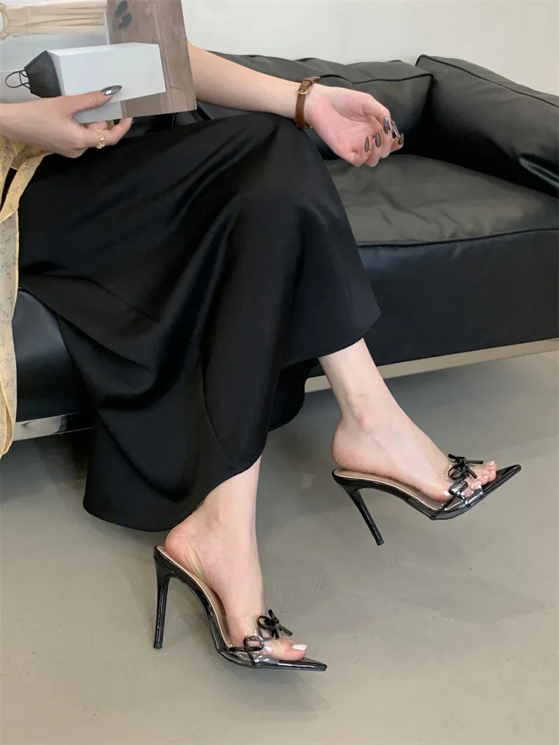 Elegant Pointed Toe Red High Heels Transparent Slippers Leather Bowknot Sandal Party