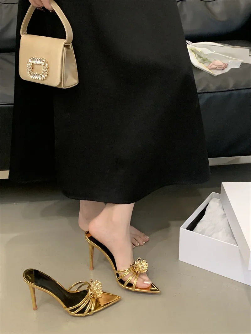 Pointed Toe White High Heels Party Slippers Metal Flowers Sandal Banquet Shoes Mules Slides