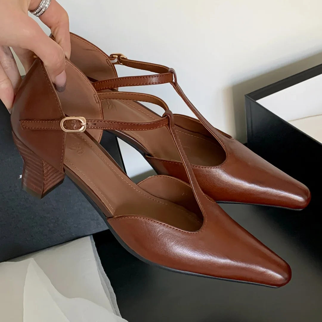 cow leather kitten heel pointed toe t-strap pumps retro gradient color elegant evening dress sandals shoes woman