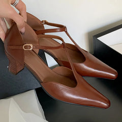 cow leather kitten heel pointed toe t-strap pumps retro gradient color elegant evening dress sandals shoes woman