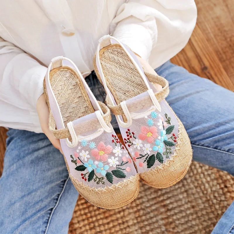 Thin Mesh Embroidered Shoes Breathable Antique Hanfu Shoes Old Beijing Cloth Shoes Flat Shoes