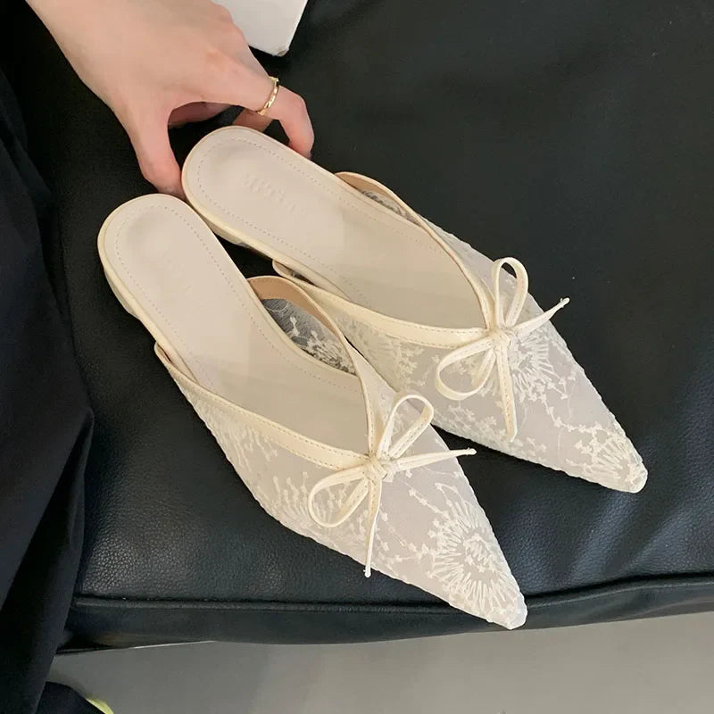 Butterfly-Knot Mesh Flats Slippers Mules Shoes Slides Pointed Toe Flats Sandals Shoes