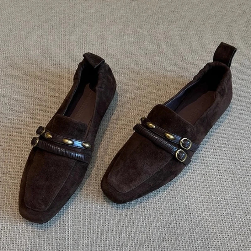 British Style Suede Square Toe Loafers Retro Belt Buckle Design Flats Shoes Comfortable Casual Commute Office Shoe