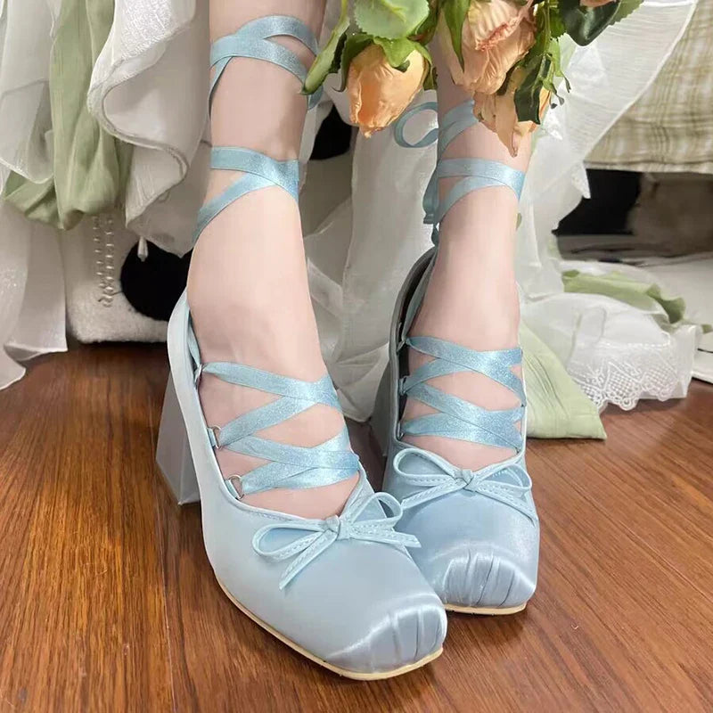 Silk square toe 9cm heel ballet shoes lace up
