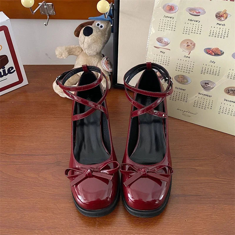 Red Mary Jane Thick High Heels Shoes Lolita Square Toe Shoes Party Leather