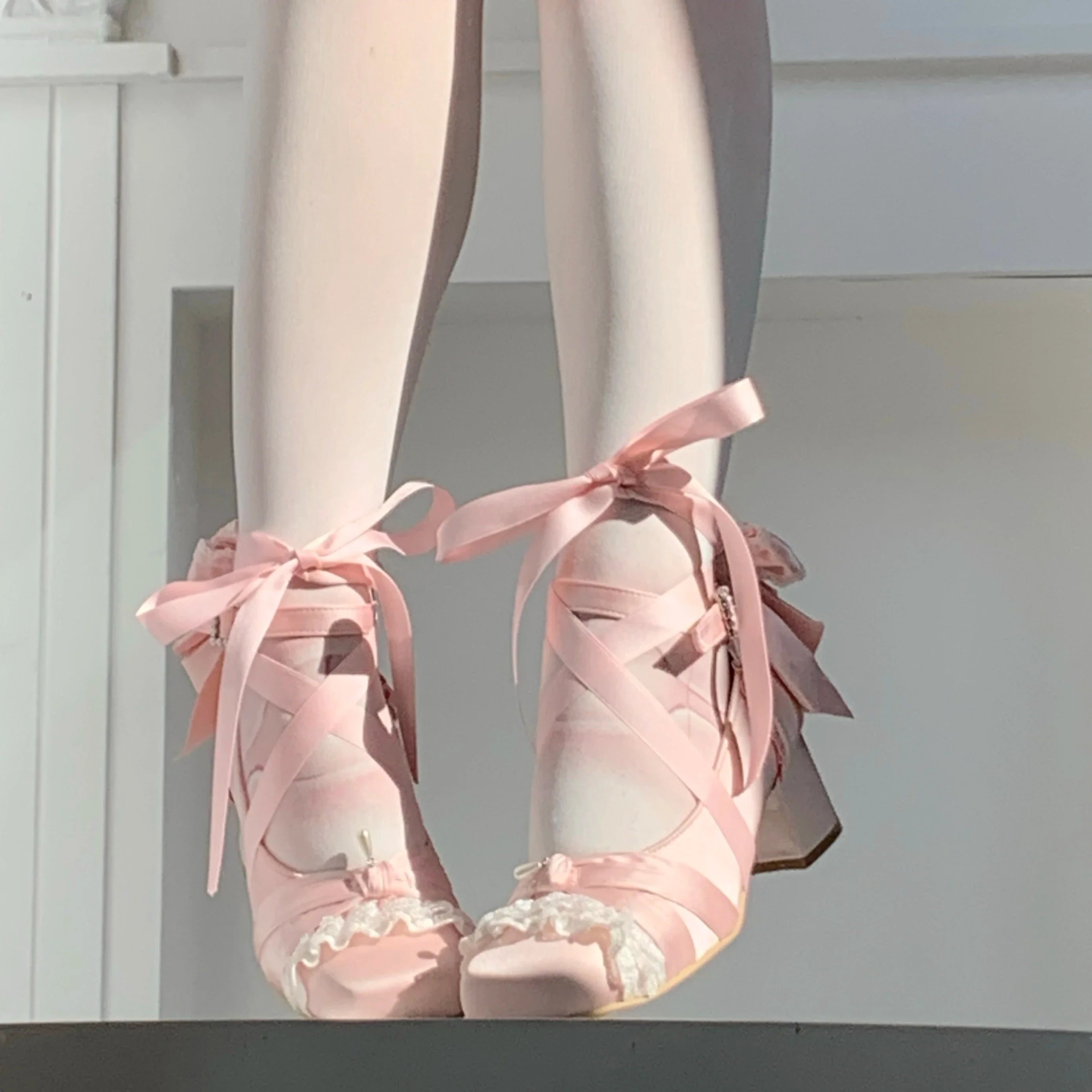 Pink Lolita Shoes Ballet Thick Heel High Heels Mary Jane Shoes Satin Elegant Platform Waterproof Pumps Original