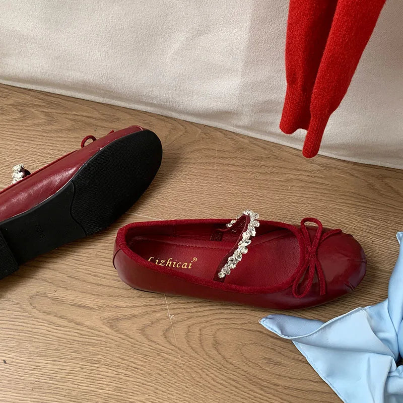 Pink Rhinestones Mary Janes Flats Lolita Shoes Soft Round Toe Footwear Shallow Ballet Flats Shoes