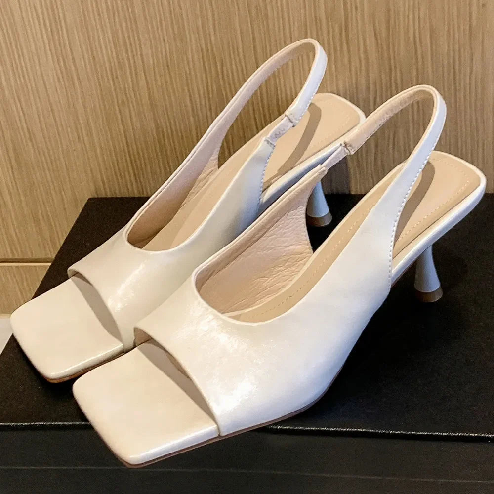 genuine leather thin high heel square toe slip-on sandals elegant evening dress pumps heels daily shoes