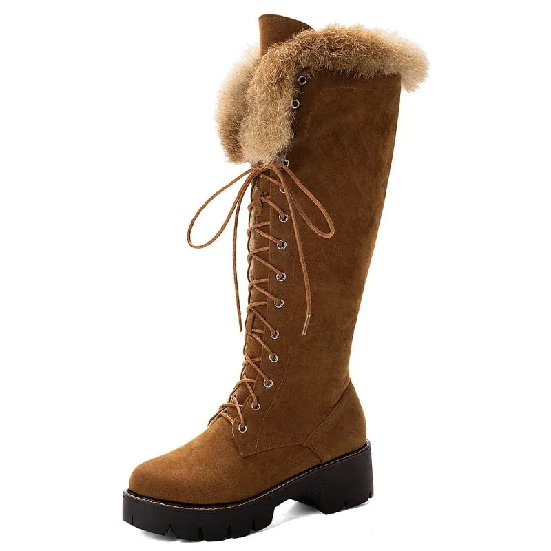 Lace-up Shoes Snow Boots Real Fur Boots Knee High Suede Thick Heel Warm Outdoor with Zip Big Size 43