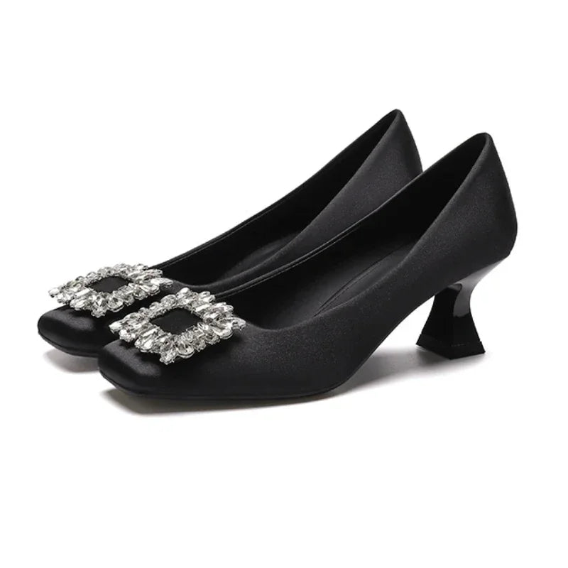 Rhinestone Satin Pumps Square Button Low Heel Office Shoes Elegant Crystal High Heels