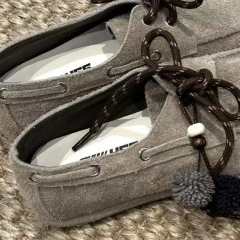 Round Toe Loafers Cow Suede Lace Up Flat Shoes Casual Versatile Doudou Shoes Soft Soled Lady Shoes