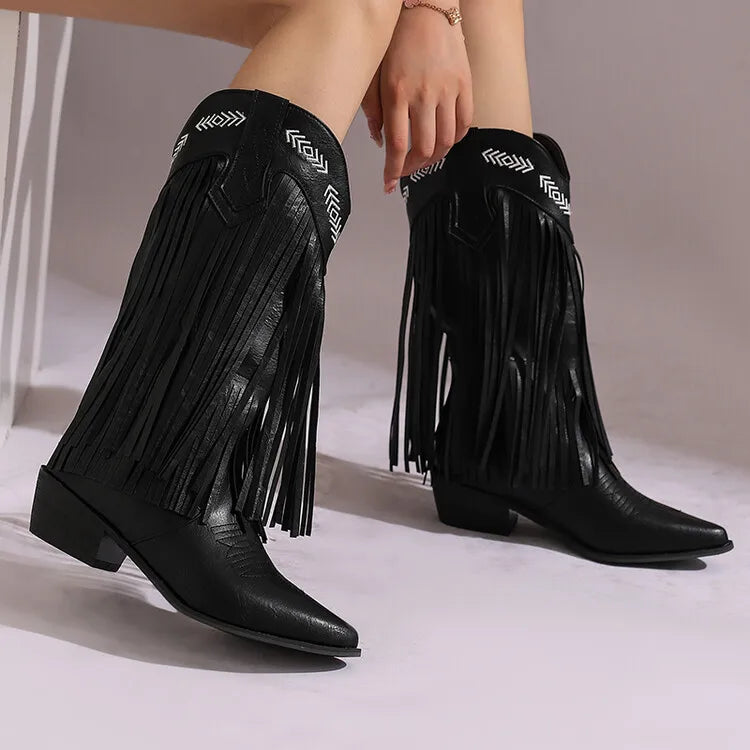 Fringe Western Boots Pink Sweet Embroidered Boots Brown Tassels Block Medium Heels Shoes Plus Size 48 Lady